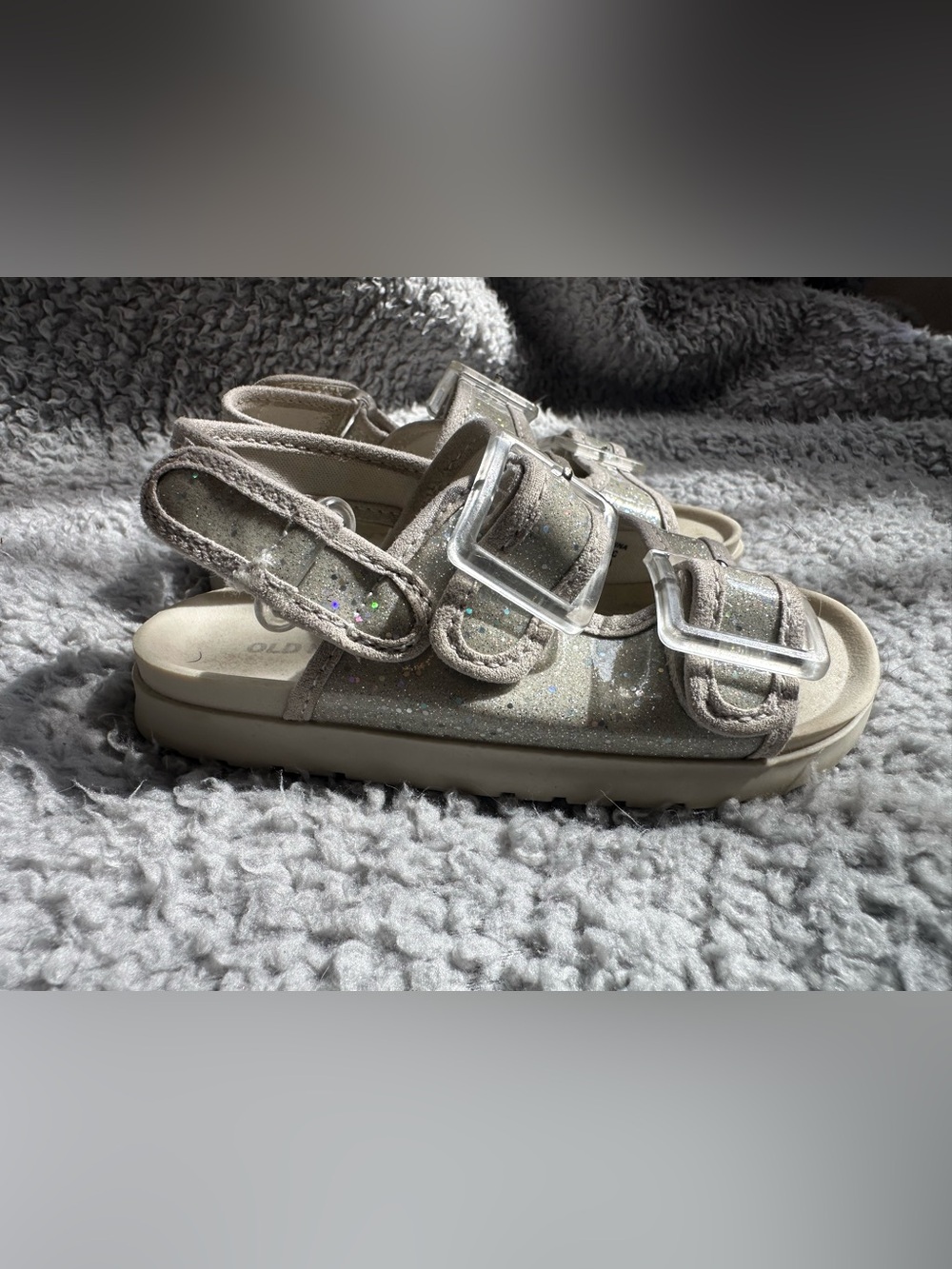 Kids old navy Glitter Strap Sandals in cream and grey with clear buckles